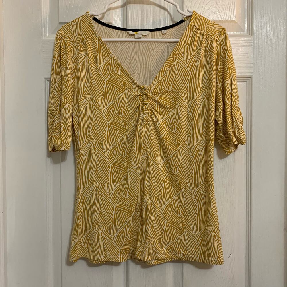 Boden Golden Yellow Patterned Cinched Sleeve V-Neck Top